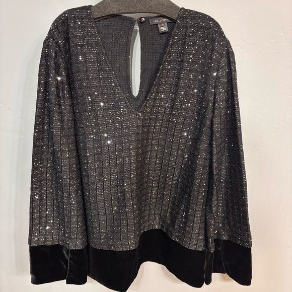St. John Black Sequin Knit and Velvet Hem and Cuffs Tunic Top Sz M EUC
